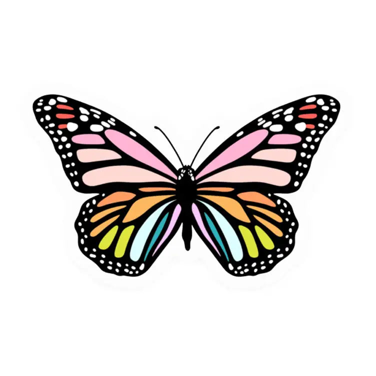 “Flutter Magic” – Close-up of vibrant butterfly sticker showing intricate details
“Butterfly Bliss” – Sticker decorating a pastel water bottle with garden vibes
“Nature’s Charm” – Butterfly sticker on a laptop with floral background