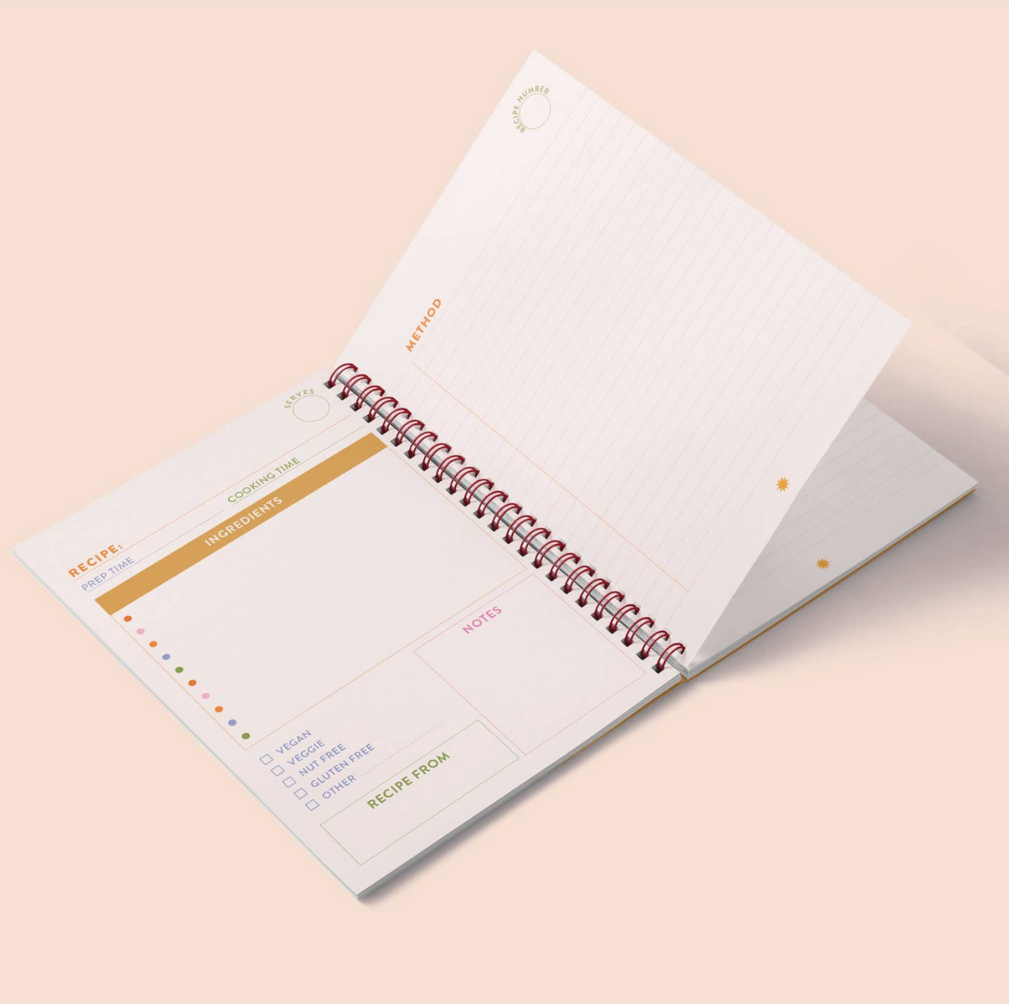Open spiral-bound notebook with a beige cover on a light beige background
