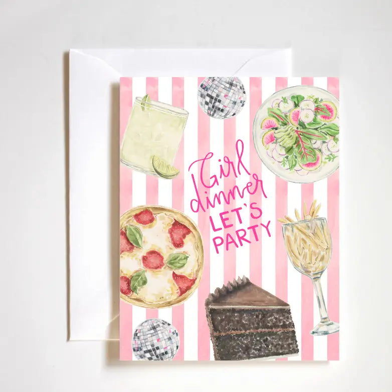 "Girls’ Night Dinner Card" – Playful A2 card featuring pizza, margaritas, salad, fries, and chocolate cake
"Besties Foodie Fun Card" – Luxe felt stock card celebrating friendship and food
"Girls’ Feast Greeting Card" – Cheeky, boutique card perfect for sending foodie love to friends