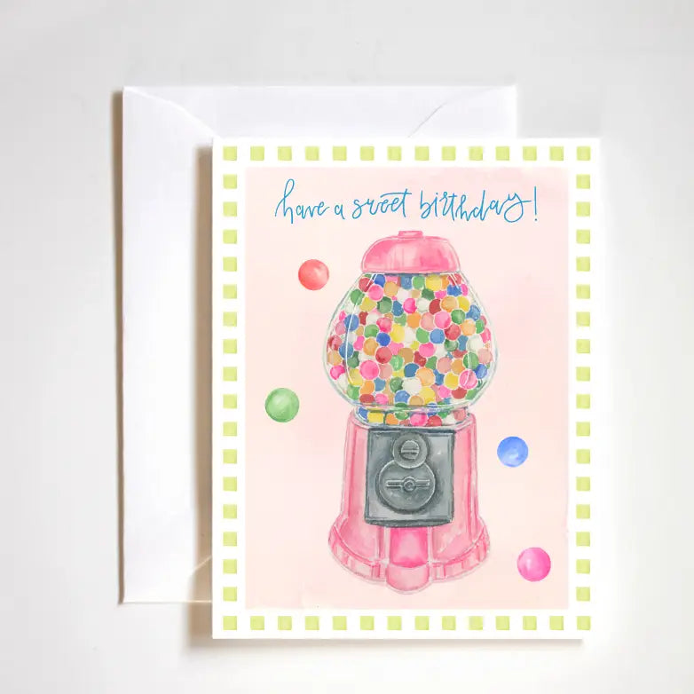 "Whimsical Gumball Machine Card" – Hand-painted greeting card featuring colorful gumball machine illustration
"Sweet Nostalgia Greeting Card" – Luxe A2 card with playful, signature-style artwork and white envelope
"Dreamy Candy Machine Stationery" – Boutique card perfect for cheerful messages and fun occasions