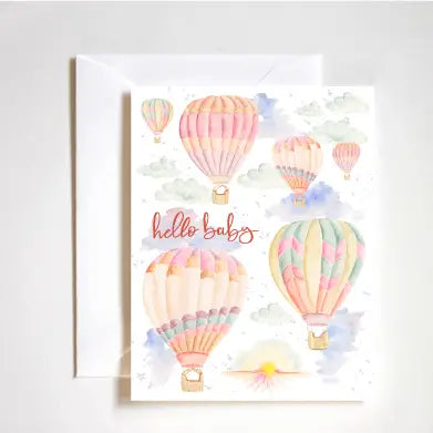 "Hot Air Balloon Baby Card" – Whimsical baby greeting card with soft, hand-painted sky and balloons
"Welcome Little One Card" – Dreamy A2 card featuring pastel hot air balloons and hand lettering
"Whimsical New Baby Stationery" – Fine art baby card with floating balloons and soft clouds