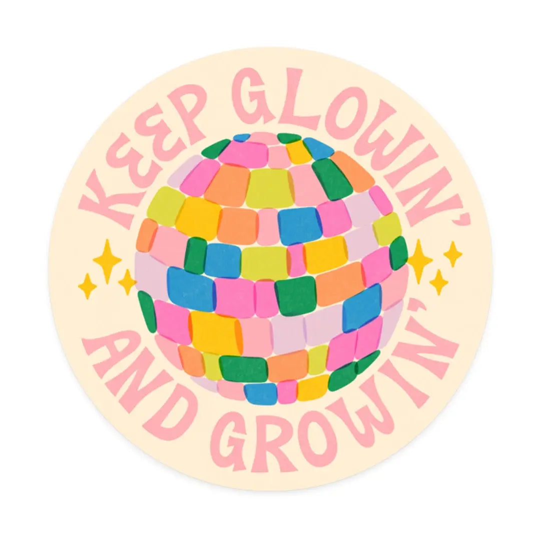 “Shine & Grow” – Close-up of the rainbow disco ball sticker with pastel background
“Disco Daydream” – Sticker on a water bottle next to sunlight and crystals
“Rainbow Radiance” – Sticker on a laptop with glittery accessories and groovy vibes