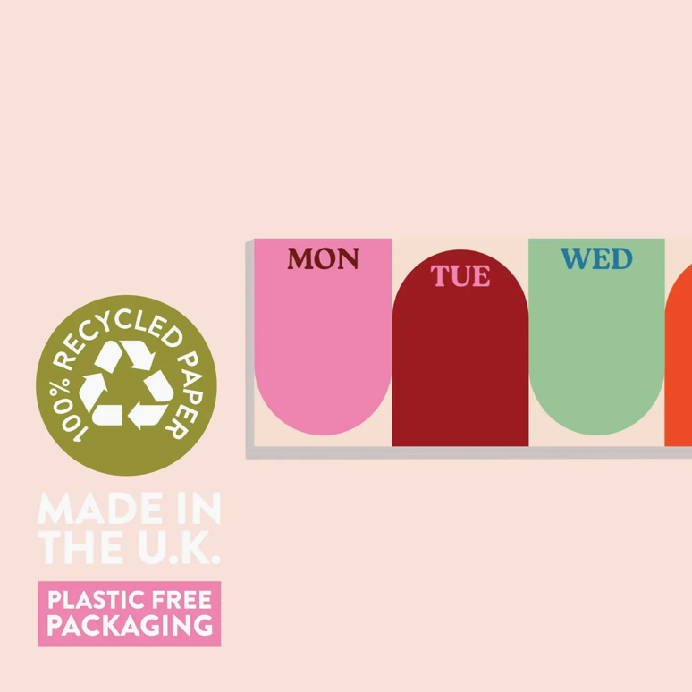 Recycled paper products with a 'Made in the U.K.' and 'Plastic Free Packaging' label on a beige background.