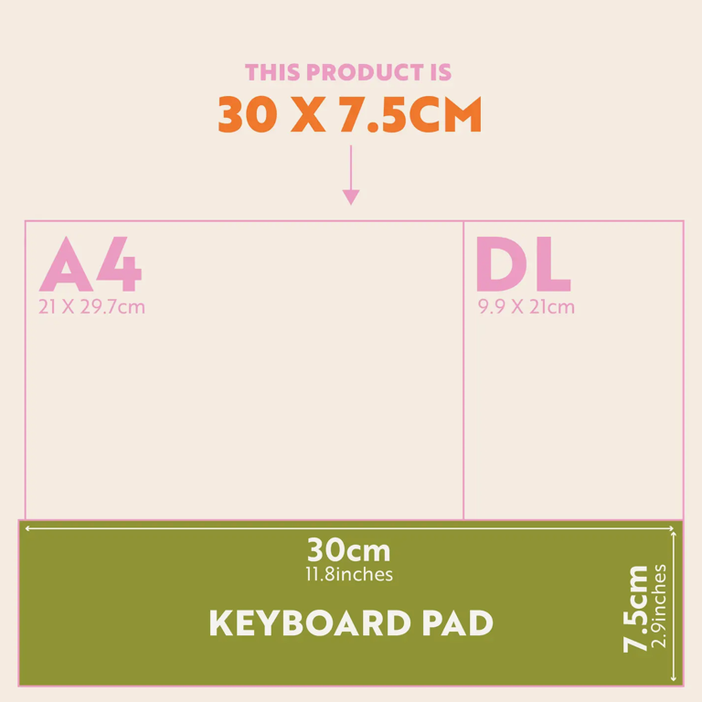 Measurement chart comparing A4 and DL sizes with a keyboard pad label.