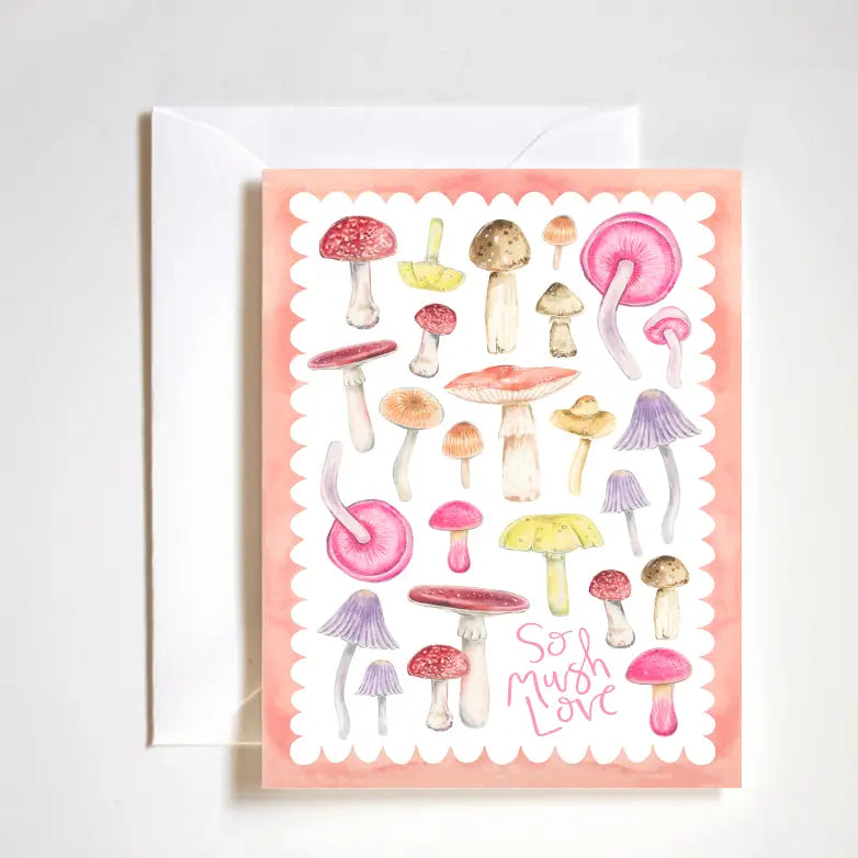 "So Mush Love Card" – Whimsical greeting card with magical mushroom illustration and luxe texture
"Cute Mushroom Love Note" – Boutique-style A2 card featuring playful fungi art and white envelope
"Magical Mushroom Stationery" – Fun and girly card with mushroom theme, perfect for any occasion