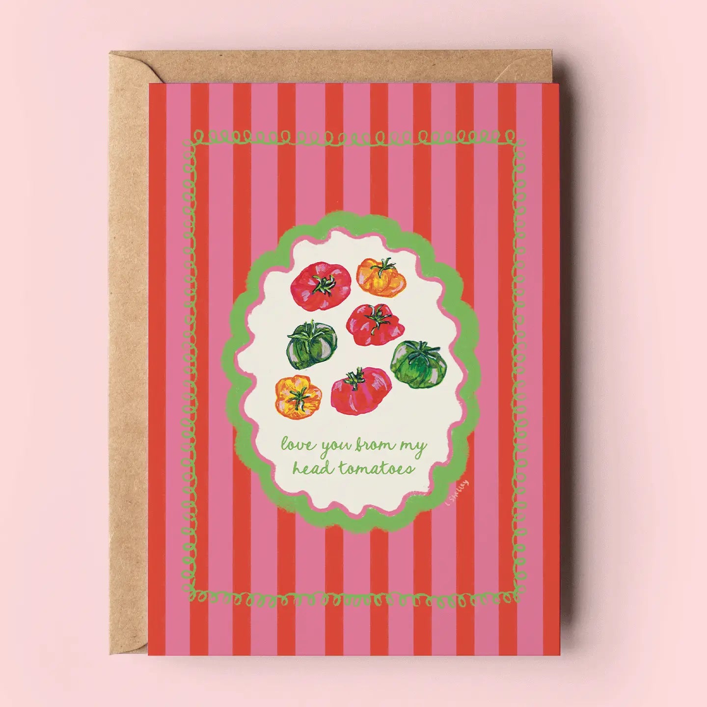 punny greeting card
tomato love card
cute food-themed card
Valentine’s Day card for foodie
gouache art card
Lauren Shelley artwork
funny anniversary card
blank card with envelope