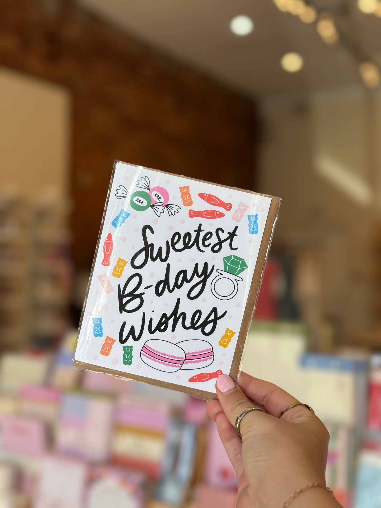 Sweetest Day B-day Wishes card featuring colorful candies and sweets illustration, printed on eco-friendly paper