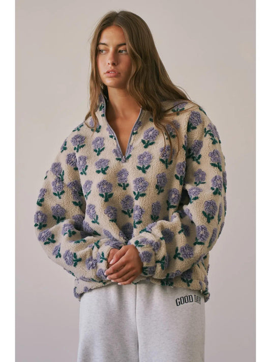 Floral Textured Sherpa Half Zip Pullover
