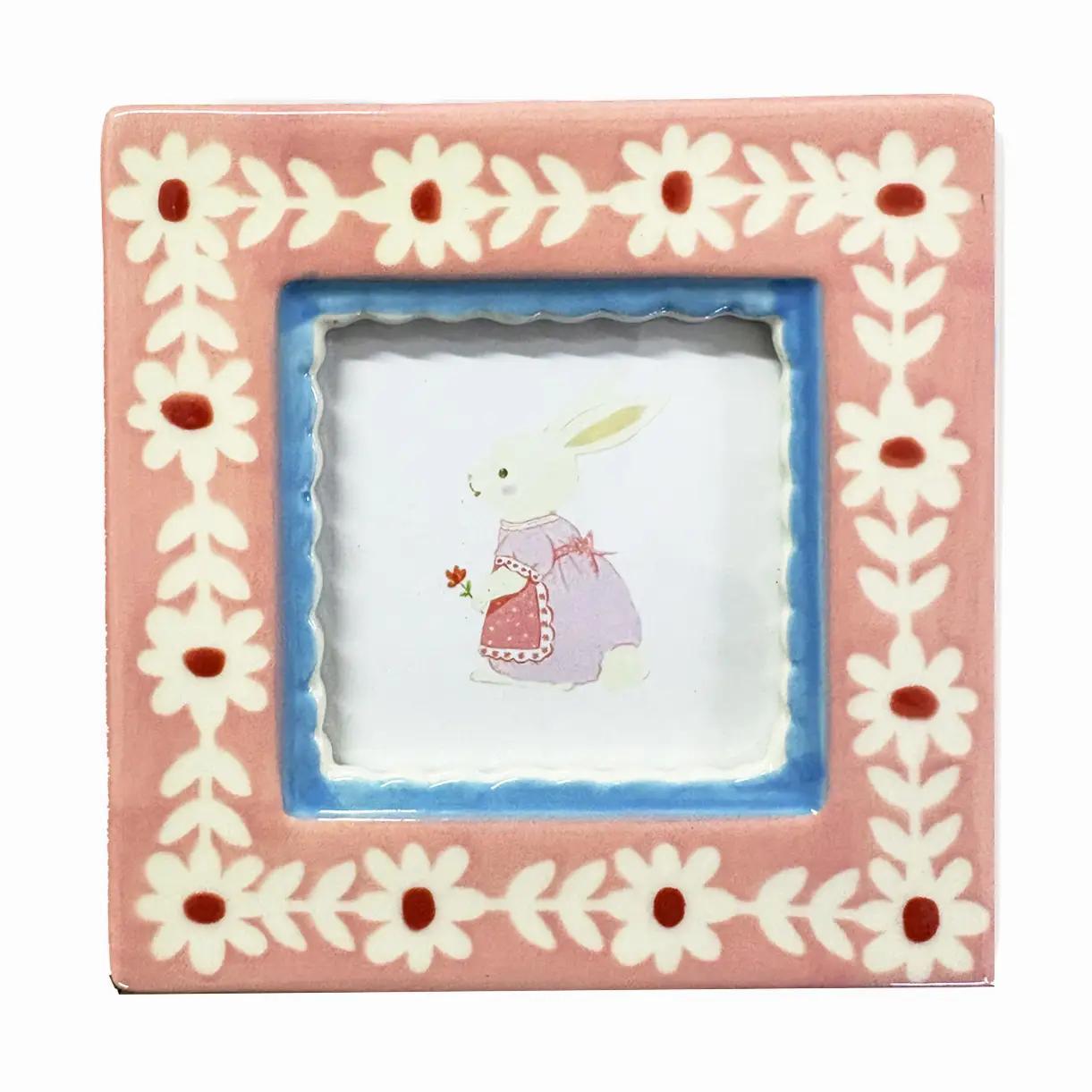 Hand-Painted Ceramic Photo Frame, Pink Flowers