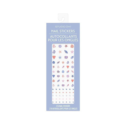 “Coastal Beach Nail Stickers by Studio Oh” – Laid flat with seashells and a sunhat

“Peel & Stick Sea-Themed Nail Art” – Close-up showing seashell and starfish designs