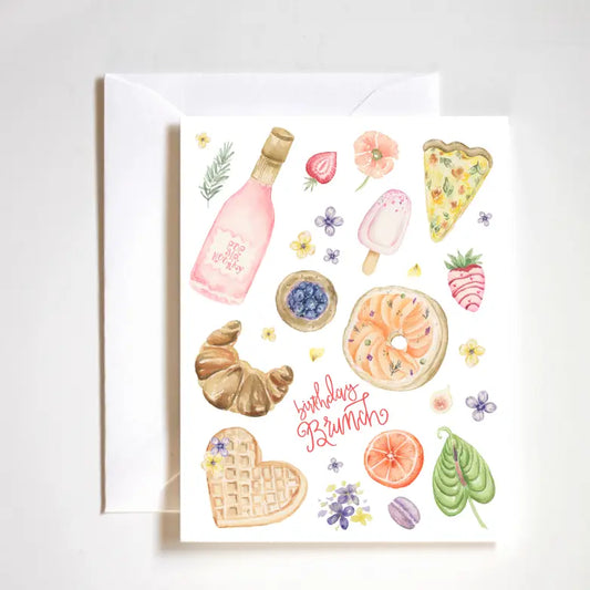 "Brunch Birthday Card" – Hand-painted card with mimosa, fruit, and pastries in a spring palette

"Pop Sip Hooray Greeting Card" – Luxe A2 birthday card with brunch-themed illustrations

"Spring Brunch Stationery" – Playful, boutique card featuring bubbly and brunch in Stephanie’s style