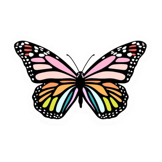 “Flutter Magic” – Close-up of vibrant butterfly sticker showing intricate details

“Butterfly Bliss” – Sticker decorating a pastel water bottle with garden vibes

“Nature’s Charm” – Butterfly sticker on a laptop with floral background