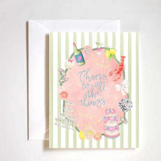 "Party All the Things Card" – Luxe A2 celebration card with fun, modern party illustrations

"Cheers for Everything" – Textured greeting card with festive design and white envelope

"Ultimate Celebration Card" – Boutique-style card for birthdays, bachelorettes, and all happy occasions