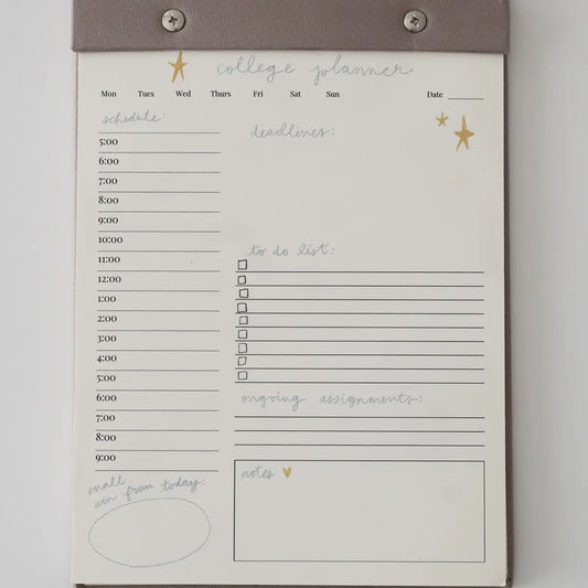 “College Daily Planner Notepad” – Stylish notepad with pen and laptop on a student desk

“Organized & Aesthetic Student Life” – Close-up of schedule and to-do list filled out with pastel pens