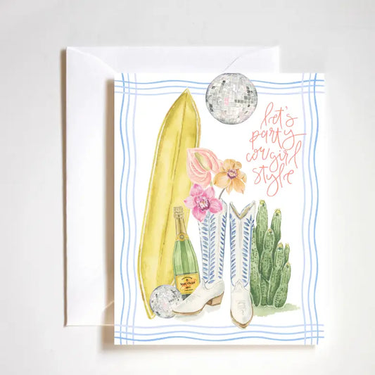 "Coastal Cowgirl Celebration" – A2 greeting card featuring a vibrant hand-painted cowgirl boot, perfect for parties

"Boots & Bubbles Card" – Luxe textured card for birthdays and bachelorette celebrations with western vibes

"Nashville Party Card" – Chic and fun cowgirl-themed card with a white envelope and clear sleeve