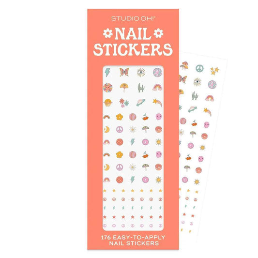 “Colorful Nail Art Stickers Flat Lay” – Nail sticker sheet styled with nail file and polish

“Studio Oh! Nail Stickers Close-Up” – Zoomed in view of vibrant symbols and art styles