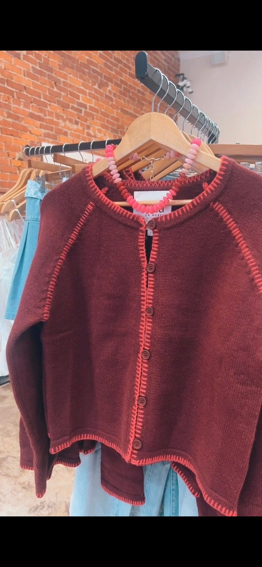 “Cozy Contrast Stitch Cardigan” – Sweater cardigan draped over a chair with coffee and a book

“Relaxed Fit Blanket Stitch Sweater” – Model wearing the cardigan with jeans and a fall hat
