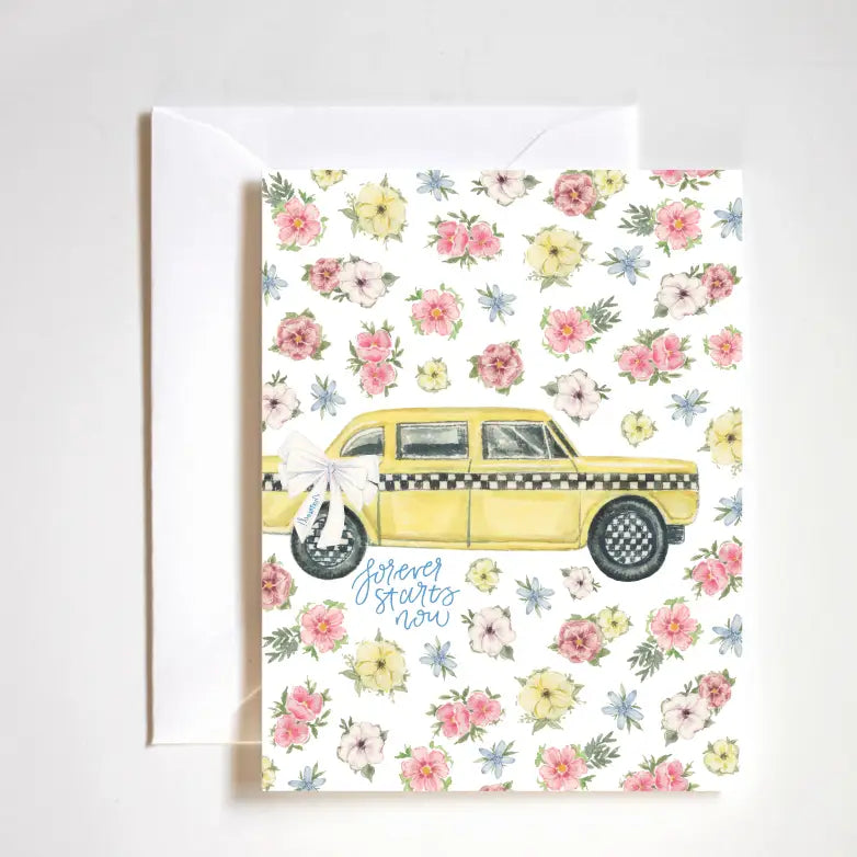 "Forever Starts Now Wedding Card" – Hand-painted taxi-themed card for weddings and engagements

"Just Married Taxi Greeting Card" – Boutique A2 card with romantic illustration and luxe texture

"Whimsical Wedding Ride Card" – Romantic getaway-themed card with hand lettering