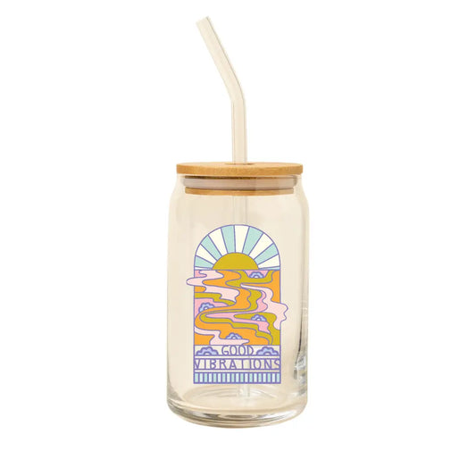 “Sippin’ Pretty” – Can glass with daisy design filled with iced coffee and reusable straw

“Cheers in Style” – Glass with colorful design on a picnic blanket next to fruit and drinks

“Good Vibes Only” – All three Can Glass designs styled together with bright, playful props