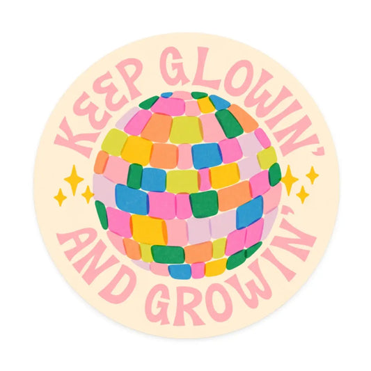 “Shine & Grow” – Close-up of the rainbow disco ball sticker with pastel background

“Disco Daydream” – Sticker on a water bottle next to sunlight and crystals

“Rainbow Radiance” – Sticker on a laptop with glittery accessories and groovy vibes