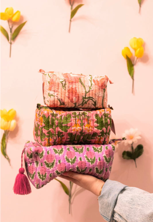 Large hand block printed quilted toiletry bag with waterproof lining, artisan-made mystery pull