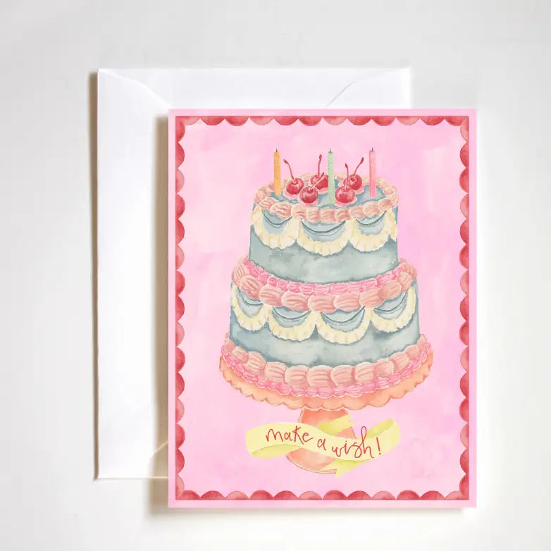 "Retro Birthday Cake Card" – Hand-painted vintage-style cake illustration on A2 felt stock

"Make a Wish Greeting Card" – Nostalgic birthday card with pastel cake and hand lettering

"Throwback Cake Stationery" – Boutique card featuring a dreamy, frosted birthday cake