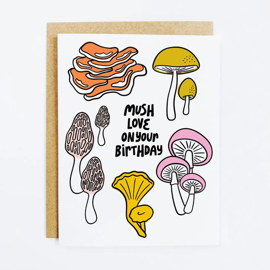 "Mushroom Birthday Love" – Cute punny card with mushroom illustration and eco-friendly packaging

"Mush Love Birthday Card" – Handcrafted birthday greeting card with playful mushroom design

"Fungi Birthday Wishes" – Whimsical card featuring pun-filled birthday message and kraft envelope