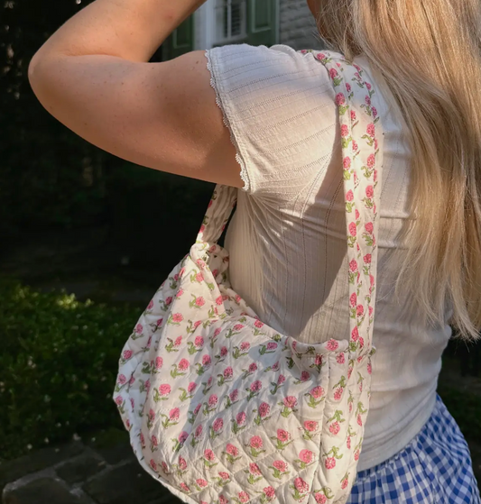 Bloom & Go Quilted Shoulder Bag in pink and green floral block print, small cotton purse with zipper closure for everyday essentials