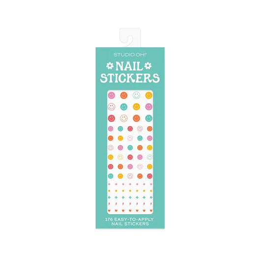 "Smiles for Days" – Flatlay of nail stickers with polish bottles and sparkly accessories

"Mood: Happy Nails" – Close-up of fingers with smiley face stickers applied

"Sticker Mani Magic" – Pack of stickers styled with rings, glitter, and pastel vibes