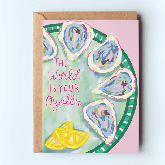 "Oyster Optimism Card" – Card styled with shells, sea salt, and coastal details

"The World Is Your Oyster Art" – Close-up of oyster plate illustration on pink background

"Encouragement Card with Coastal Vibes" – Card paired with envelope on a pastel flat lay