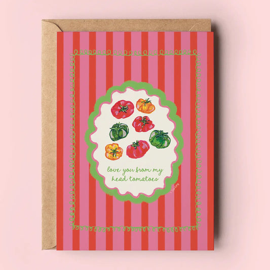 punny greeting card

tomato love card

cute food-themed card

Valentine’s Day card for foodie

gouache art card

Lauren Shelley artwork

funny anniversary card

blank card with envelope