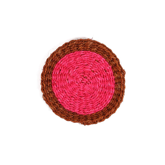 “Pink Pop Table Chic” – Bold pink and orange sisal placemat styled on a brunch table

“Artisan Glow Up” – Close-up of handwoven sisal texture and color detail