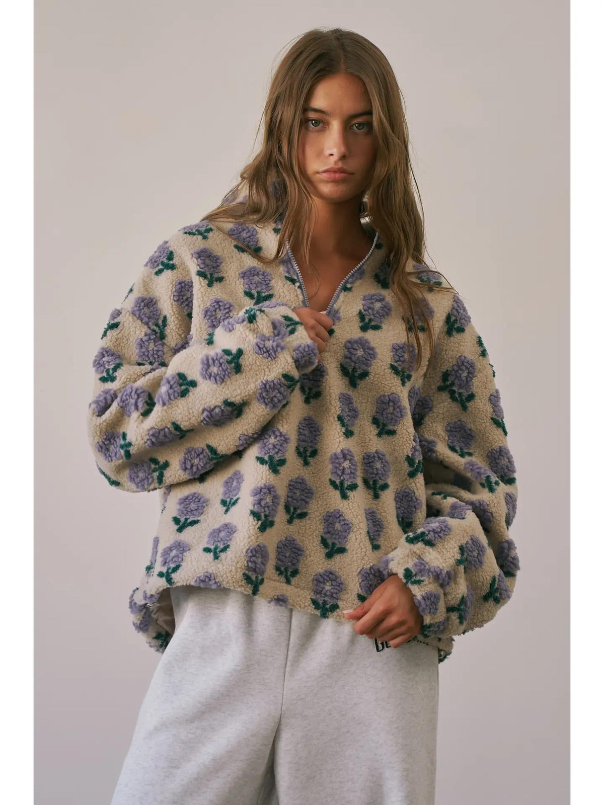 Floral Textured Sherpa Half Zip Pullover