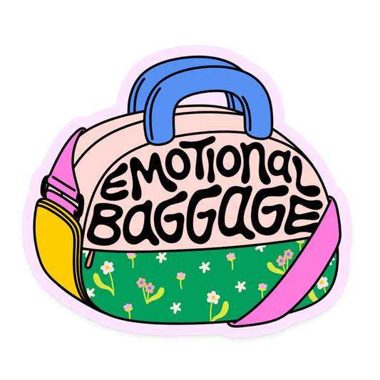 “Cute But Carrying Stuff” – Close-up of the “Emotional Baggage” sticker on a pastel laptop

“Emotional & Aesthetic” – Sticker on a water bottle next to a messy bag and sunglasses

“Baggage Claim” – Sticker on a notebook with cozy therapy-core vibes