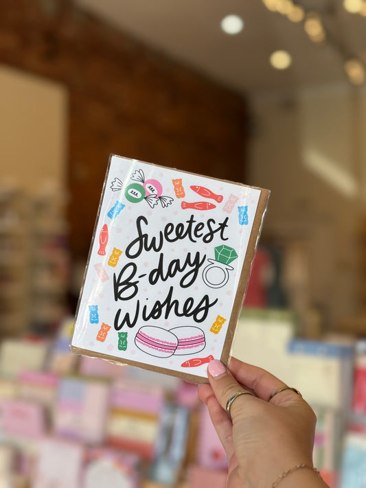 Sweetest Day B-day Wishes card featuring colorful candies and sweets illustration, printed on eco-friendly paper
