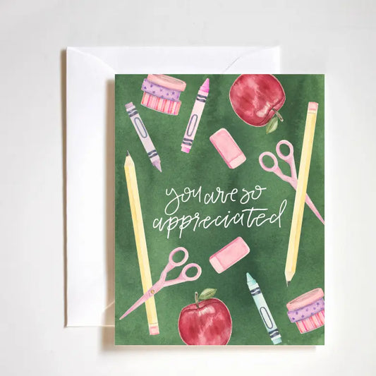 "Appreciation Card for Teachers" – Hand-painted thank-you card with heartfelt lettering in Stephanie’s signature style

"You're So Appreciated Stationery" – Boutique-style A2 card with luxe felt stock and white envelope

"Teacher Thank You Card" – Warm, hand-drawn appreciation card perfect for gifting with a personal touch